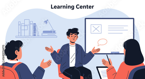 illustration of a learning center environment with people engaged in discussion