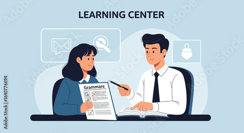 Illustration of a learning center with a student reviewing grammar with a tutor
