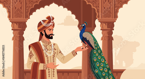 Illustration of a majestic Indian king with a peacock, embodying culture and history