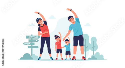 Healthy Family Performing Stretching Exercises Together in The Park Illustration