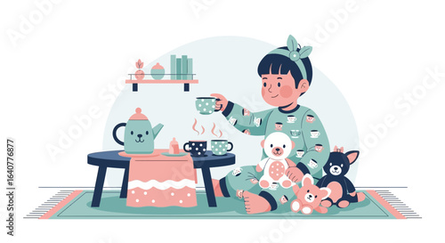 Girl having a tea party with her stuffed animals in her playroom, illustration of a child playing make believe game indoors