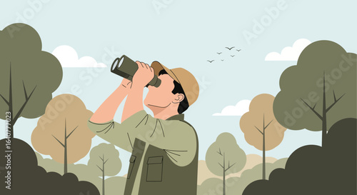 Illustration of a man looking through binoculars in a forest for nature exploration and adventure in minimalistic style