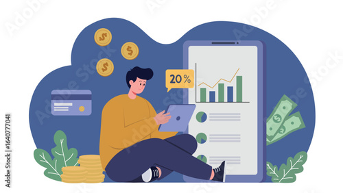 Young man using tablet for budget planning and tracking financial growth with mobile app, surrounded by money, coins, and credit card illustration.