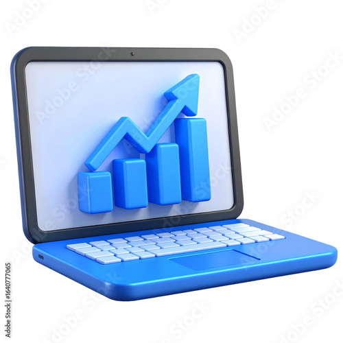 Blue laptop with upward graph, business growth, financial success, digital analytics, technology, and positive trend concept