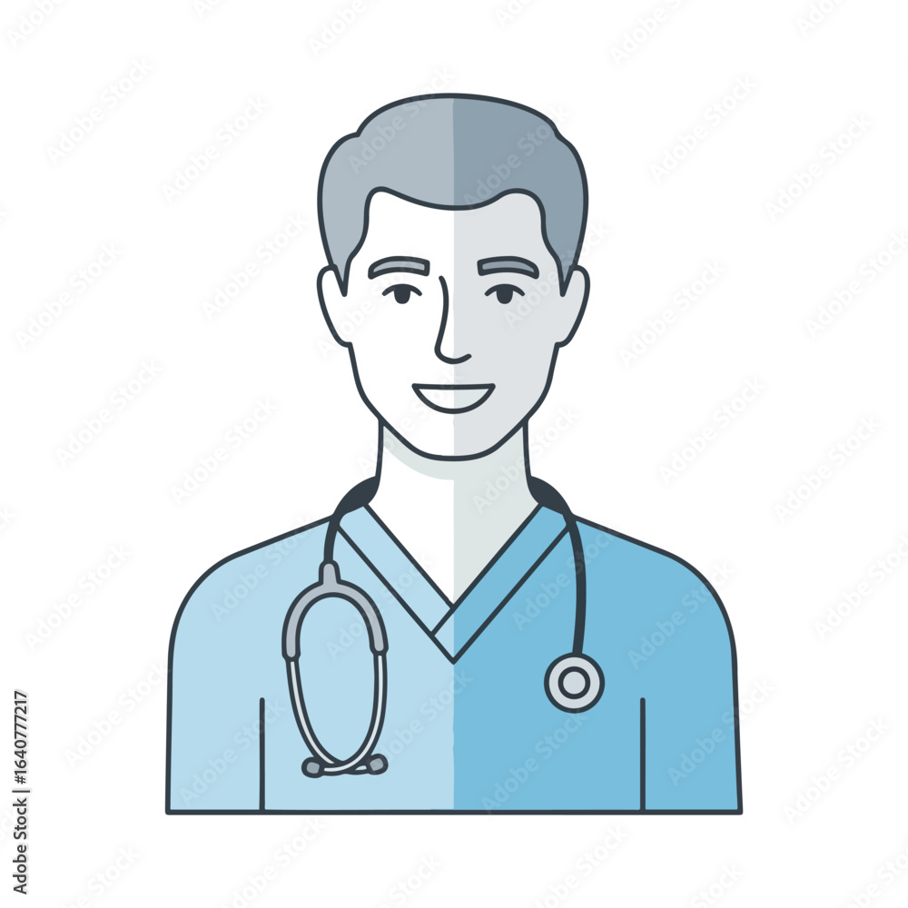 Fototapeta premium A friendly male doctor or nurse in blue scrubs with a stethoscope, depicted in a flat line-art style.