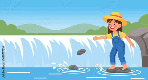 Girl Having Fun Tossing Stones Into a Water River on a Sunny Day