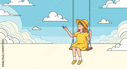 Girl In Summer Dress Enjoys Swinging Under the Sky With Fluffy Cloud Background