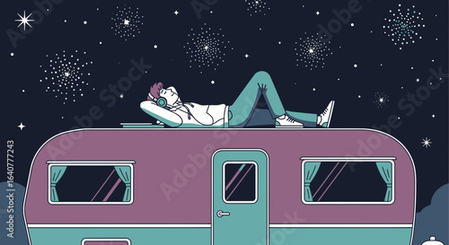 Illustration of a man relaxing on top of a retro caravan under the stars at night