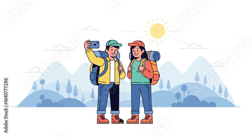 Hiking couple takes selfie with mountain backdrop on a sunny day illustration