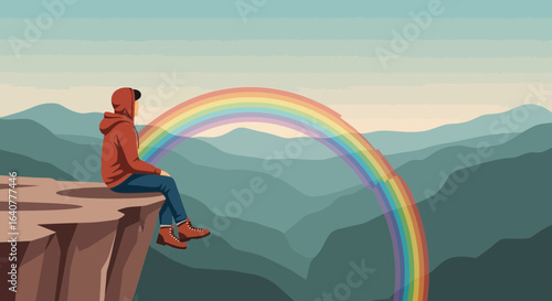 Hooded figure contemplates a rainbow arching over a serene mountain landscape