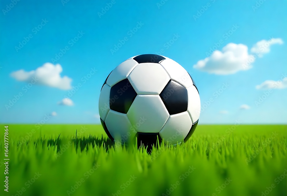 Fototapeta premium Generative AI Sporting scene featuring a soccer ball resting on lush green grass under a clear