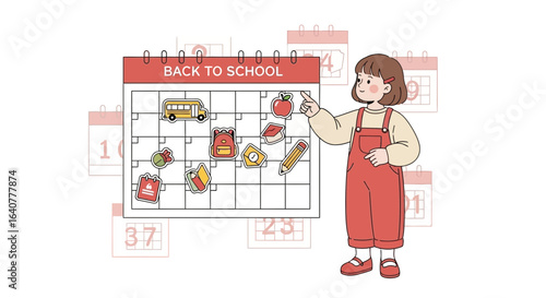 Girl planning her back to school schedule on a calendar filled with school themed icons