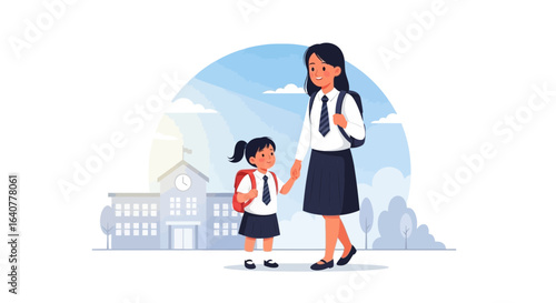 Illustration of a mother and daughter walking to school in school uniform happily together