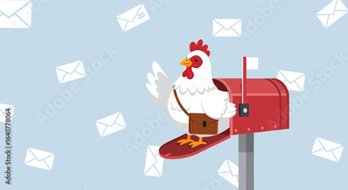 Humorous illustration showcasing a chicken delivering mail in a mailbox surrounded by floating envelopes against a blue background