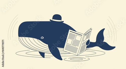 Humorous illustration of a whale reading a newspaper in the ocean wearing a hat