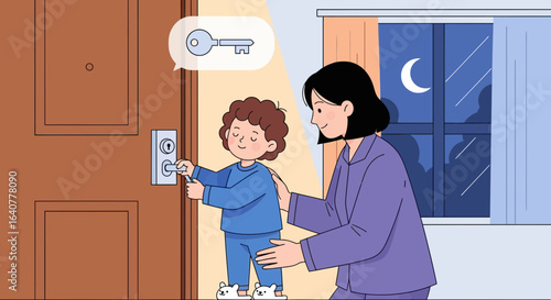 Illustration of a mother teaching her child to lock the door at night safety first practice makes perfect childhood development illustration