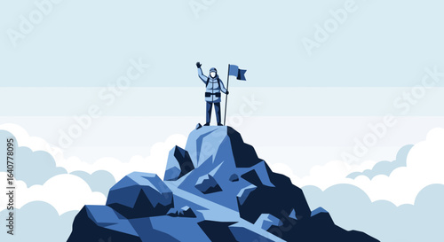 Illustration of a mountain climber at the summit of a mountain with flag victory concept reaching success challenge concept