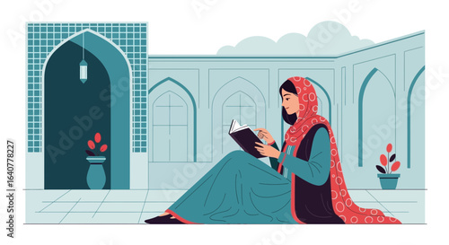 Illustration of a Muslim woman reading a book in a traditional Islamic building