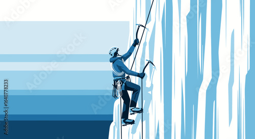 Ice climber ascending a frozen waterfall with ice axes, showcasing determination and bravery in a winter landscape