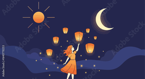 Girl Releasing Sky Lanterns Under The Moonlight Enjoying The Night Atmosphere