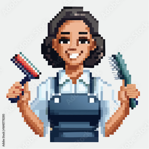Pixel art female barber character with haircut tools