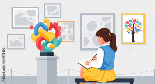 Girl Sketching Modern Sculpture At Museum Enhancing Artistic Skills With Art
