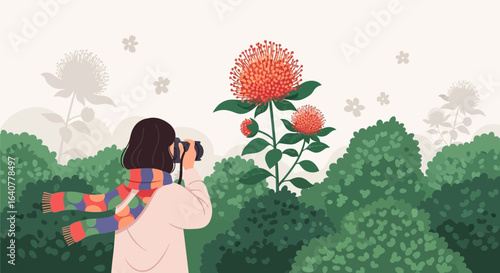 Illustration of a photographer capturing the beauty of nature with a camera in a scenic landscape