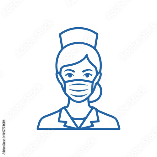 Nurse wearing a protective face mask, healthcare worker, line art illustration.