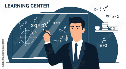 Illustration of a professional male teacher explaining mathematical equations on a board