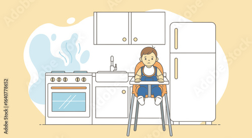 Illustration depicting a baby sitting in a high chair in a modern kitchen setting