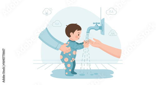 Illustration depicting a child learning to wash hands with parental guidance for hygiene and health