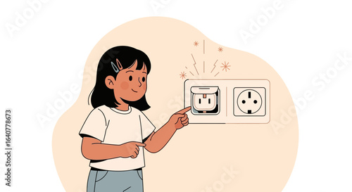 Illustration depicting a child pointing to a potentially dangerous electrical outlet