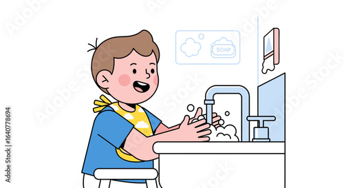 Illustration depicting a child washing their hands thoroughly with soap and water at a sink promoting hygiene