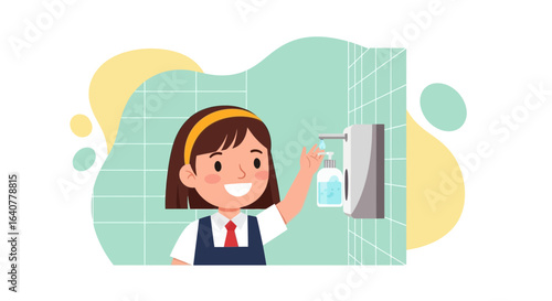 Illustration of a schoolgirl using hand sanitizer in a restroom promoting hygiene and health awareness in educational settings