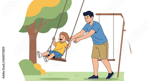 Illustration depicting a father pushing his son on a swing in a park happy moments