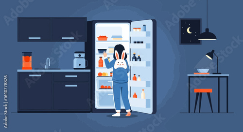 Illustration depicting a girl in pajamas raiding the refrigerator at night seeking a midnight snack in the kitchen