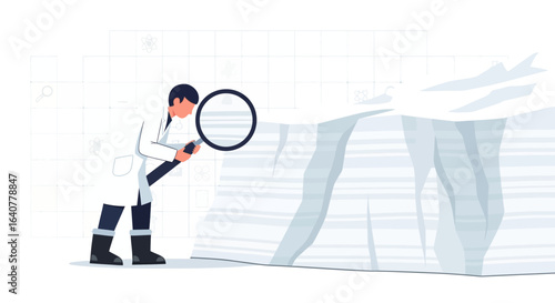Illustration of a scientist examining an iceberg with a magnifying glass representing environmental research or analysis concept