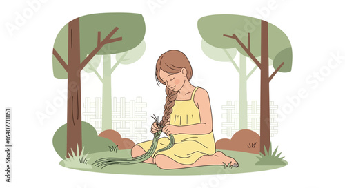 Girl Weaving Grass In A Summer Field Creating Traditional Crafts Concept