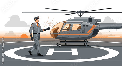 Illustration depicting a helicopter pilot preparing for flight at sunrise on a helipad