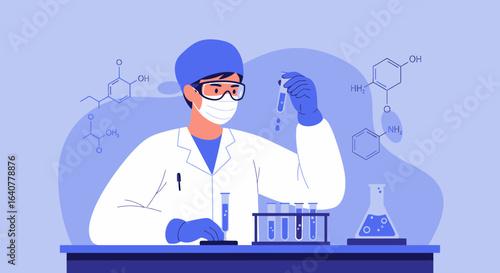 Illustration of a scientist in a lab coat conducting research and experiments wearing safety glasses and a mask