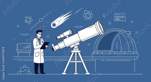 Illustration of a scientist using a telescope in an observatory with space objects