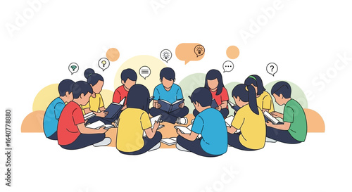 Illustration depicting a group of students engaging in collaborative learning and idea sharing