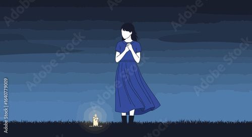 Illustration of a serene woman in blue dress standing near a candle at night