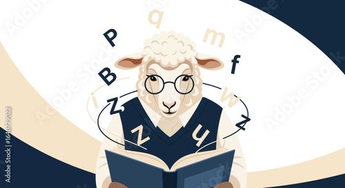 Illustration of a Sheep Character Reading a Book Surrounded by Letters Alphabet