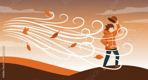 Illustration depicting a person in windy autumn conditions holding onto their hat