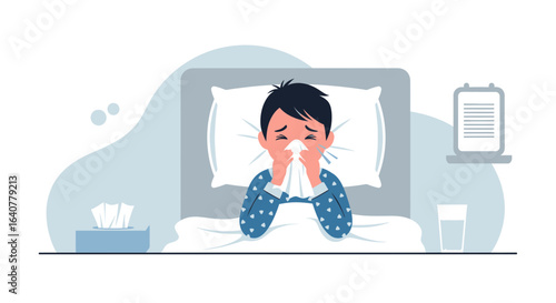 Illustration depicting a sick boy in bed blowing his nose and feeling unwell due to illness or cold
