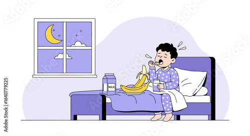 Illustration of a sleepy boy eating banana with honey before sleep at night