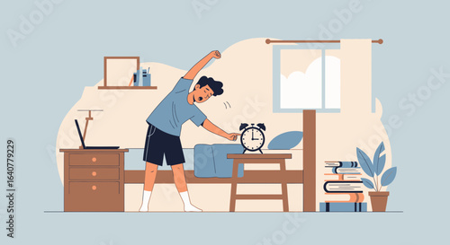 Illustration of a sleepy man waking up and stretching in his bedroom at home