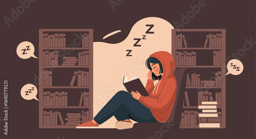 Illustration of a sleepy girl reading a book in a library, surrounded by bookshelves and sleep bubbles with 'Zzz' symbols