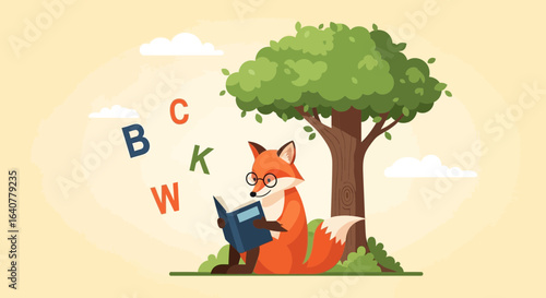 Illustration of a smart fox reading a book under a tree with alphabet letters around him in a peaceful atmosphere